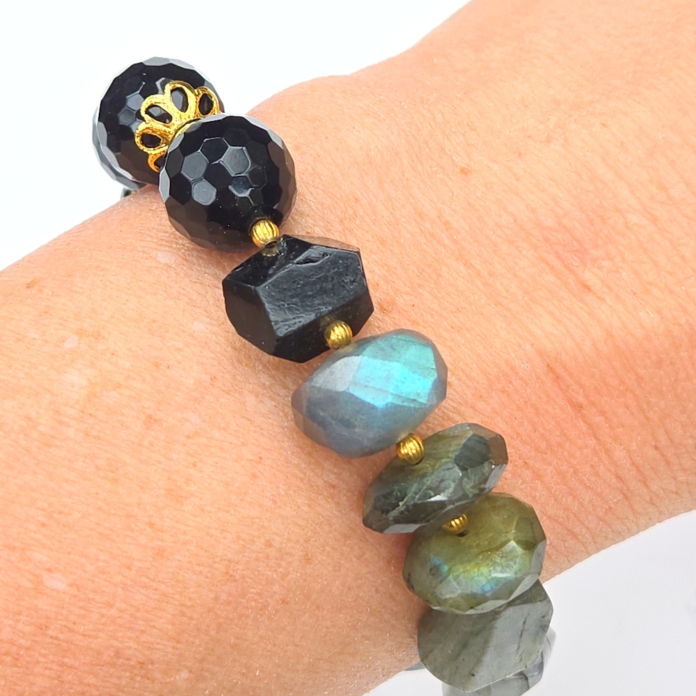 Flashy Labradorite, Faceted Onyx, Herkimer Diamond Charm Bracelet
